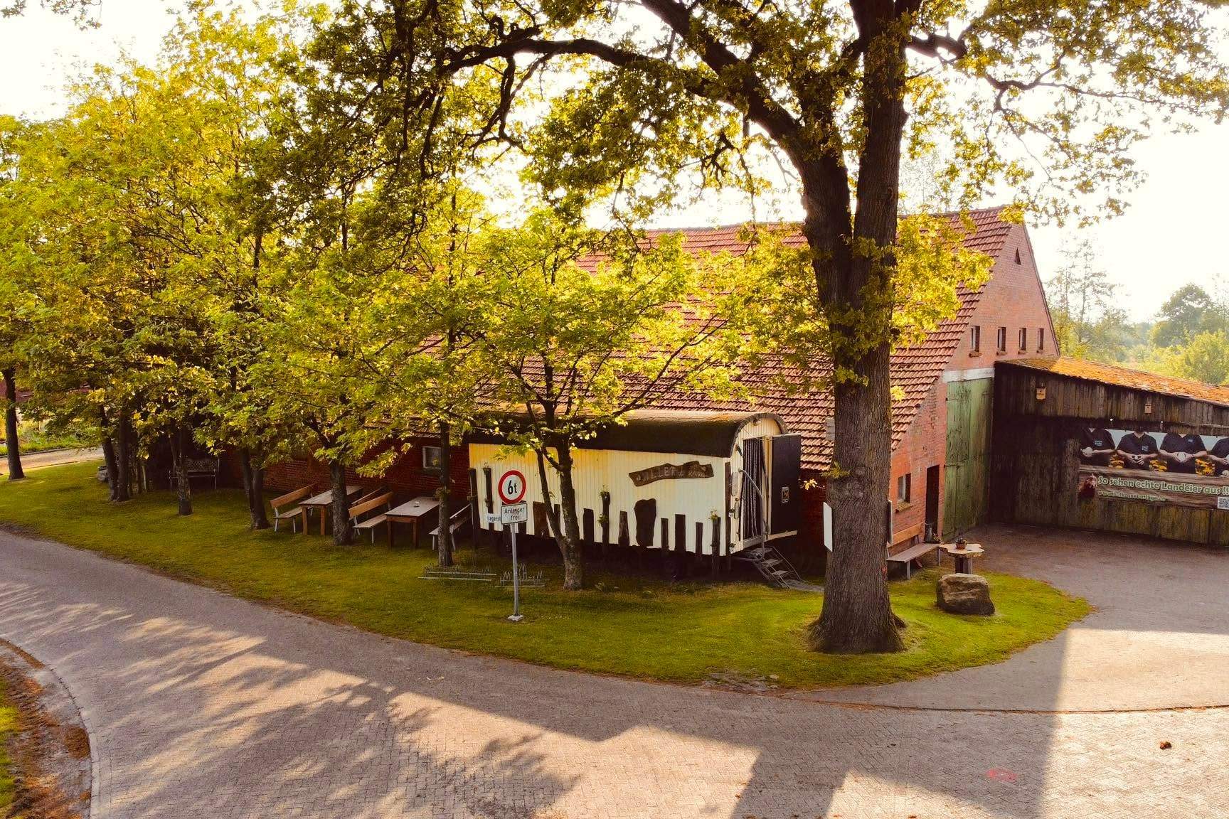 Blick von erhöhter Stelle auf den Hof am Abend: Von links kommt die Straße an der Ecke vorbei, dahinter stehen unter einer Reihe Eichen zwei lange Tische mit Bänken. Rechts daneben der weiße Verkaufswagen vor dem langgestreckten Klinkergebäude mit rotem Ziegeldach. Die tiefstehende Sonne fällt durch das Laub auf den gepflasterten Weg im Vordergrund.